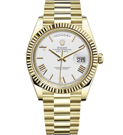 Rolex Day-Date 40 Presidential White dial, Fluted Bezel, President bracelet, Yellow gold Watch