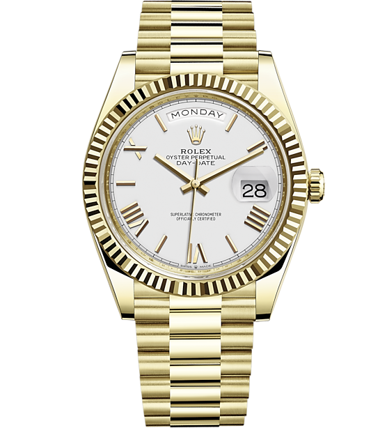 rolex-day-date-40-presidential-white-dial-fluted-bezel-president-bracelet-yellow-gold-watch-3eo2q.webp Rolex Day-Date 40 Presidential White dial, Fluted Bezel, President bracelet, Yellow gold Watch - Image 1