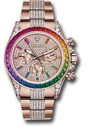 Rolex Everose Cosmograph Daytona 40 Watch – 36 Baguette-Cut Sapphires In Rainbow Graduation Bezel – Diamond Paved Rainbow Sapphire Dial – Diamond Bracelet – 116595RBOW dpgcs