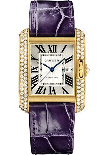 Cartier Tank Anglaise Watch – 39.2 mm Yellow Gold Diamond Case – Silvered Dial – Aubergine Alligator Strap – WT100017