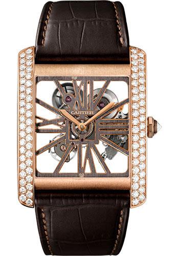 Cartier Tank MC Skeleton Watch – 34.5 mm Pink Gold Diamond Case – Diamond Bezel – Pink Gold Dial – Brown Alligator Strap – HPI00715