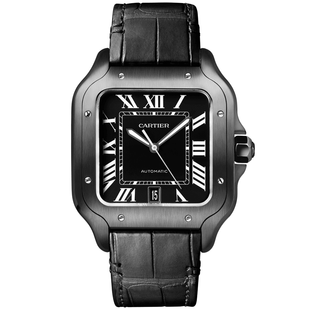santos-de-cartier-large-adlc-black-dial-amp-strap-men8217s-automatic-watch-nlcfo.png Santos de Cartier Large ADLC Black Dial & Strap Men’s Automatic Watch - Image 1