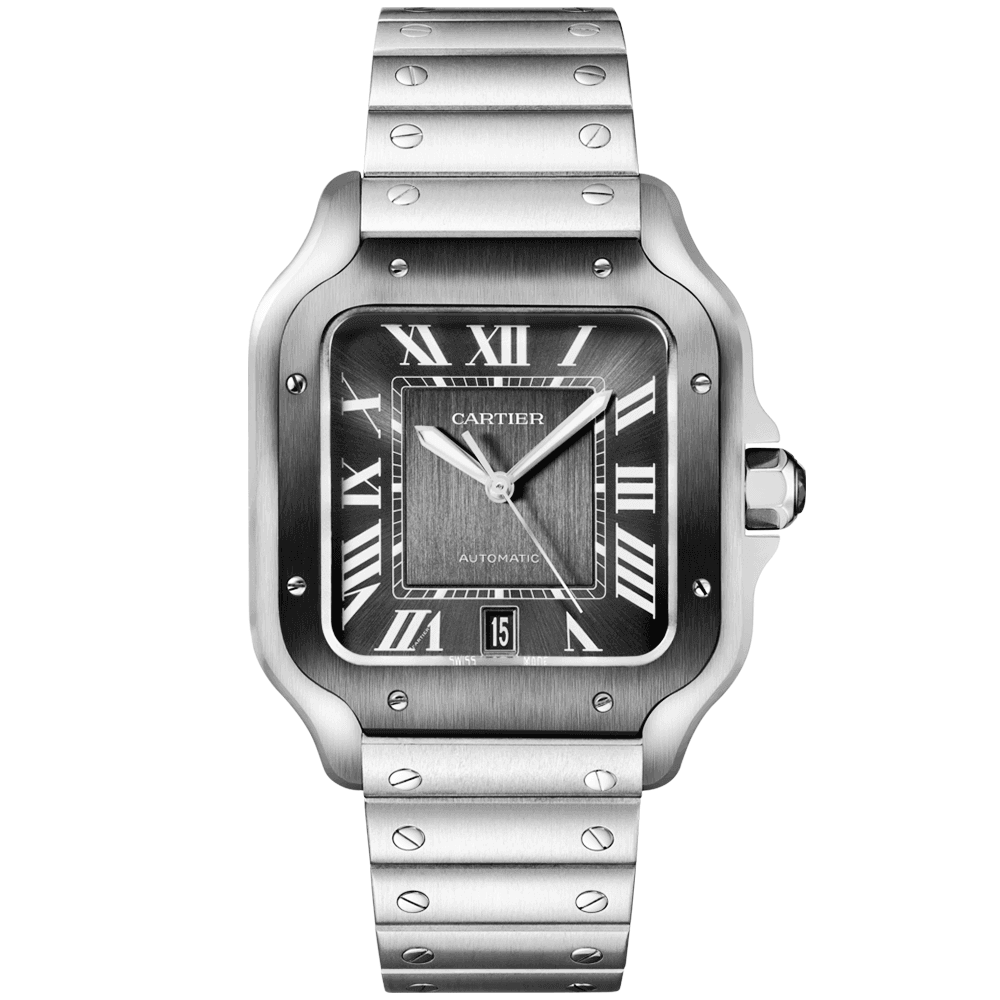 santos-de-cartier-large-steel-amp-adlc-grey-dial-men8217s-automatic-watch-wxwrf.png Santos de Cartier Large Steel & ADLC Grey Dial Men’s Automatic Watch - Image 1