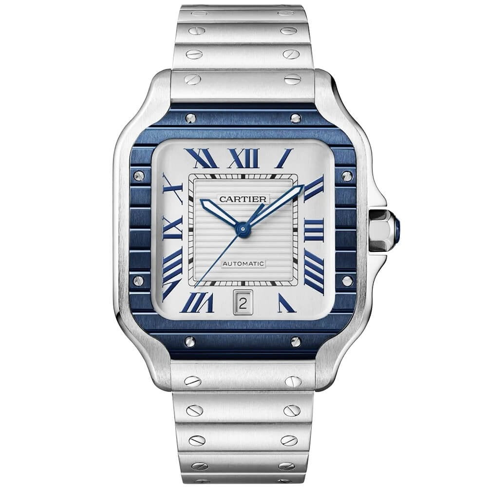 santos-de-cartier-large-steel-amp-silverblue-dial-men8217s-automatic-watch-nalpu.jpg Santos de Cartier Large Steel & Silver/Blue Dial Men’s Automatic Watch - Image 1