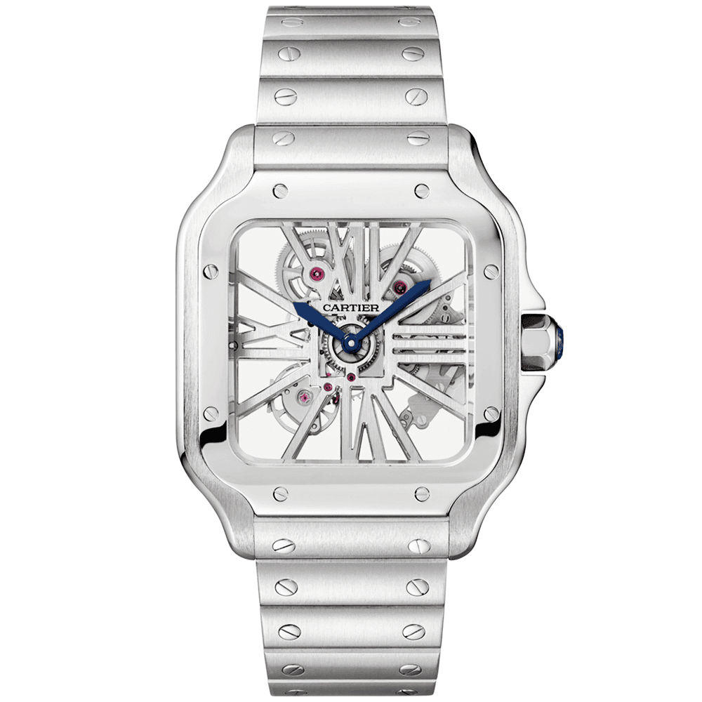 santos-de-cartier-large-steel-skeleton-dial-braceletstrap-watch-mrzg1.png Santos de Cartier Large Steel Skeleton Dial Bracelet/Strap Watch - Image 1