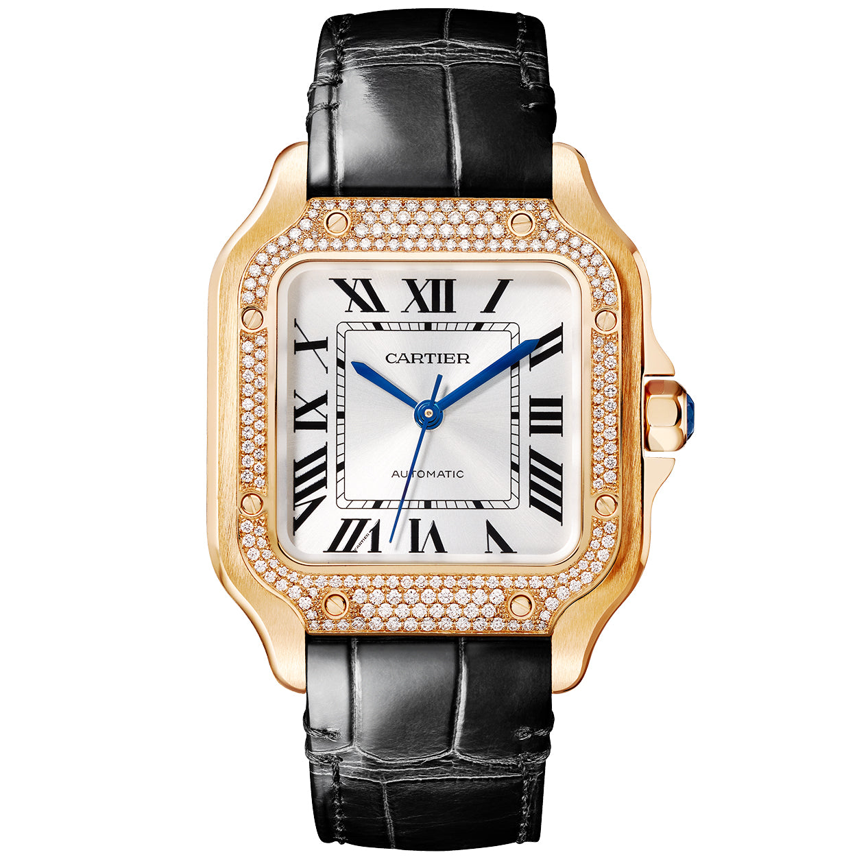 santos-de-cartier-medium-diamond-set-automatic-18ct-rose-gold-watch-tso1v-1.jpg Santos de Cartier Medium Diamond Set Automatic 18ct Rose Gold Watch - Image 1