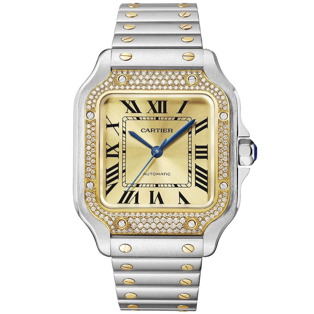 santos-de-cartier-medium-steel-amp-18ct-yellow-gold-diamond-set-watch-quje5.jpg Santos de Cartier Medium Steel & 18ct Yellow Gold Diamond Set Watch - Image 1