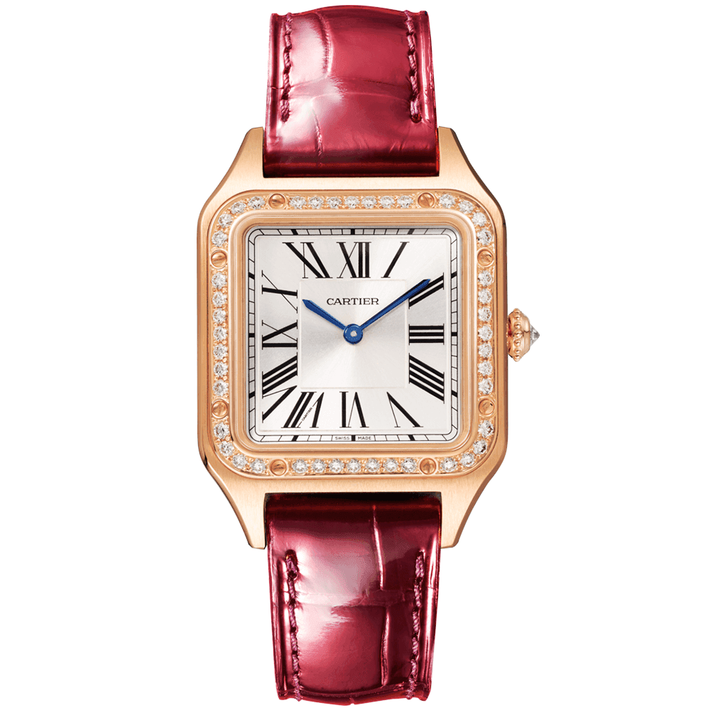 santos-dumont-small-18ct-rose-gold-silver-dial-diamond-set-bezel-strap-watch-jyrej.png Santos-Dumont Small 18ct Rose Gold Silver Dial Diamond Set Bezel Strap Watch - Image 1