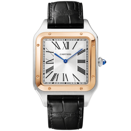 Santos-Dumont XL Steel & 18ct Rose Gold Silver Dial Leather Strap Watch6